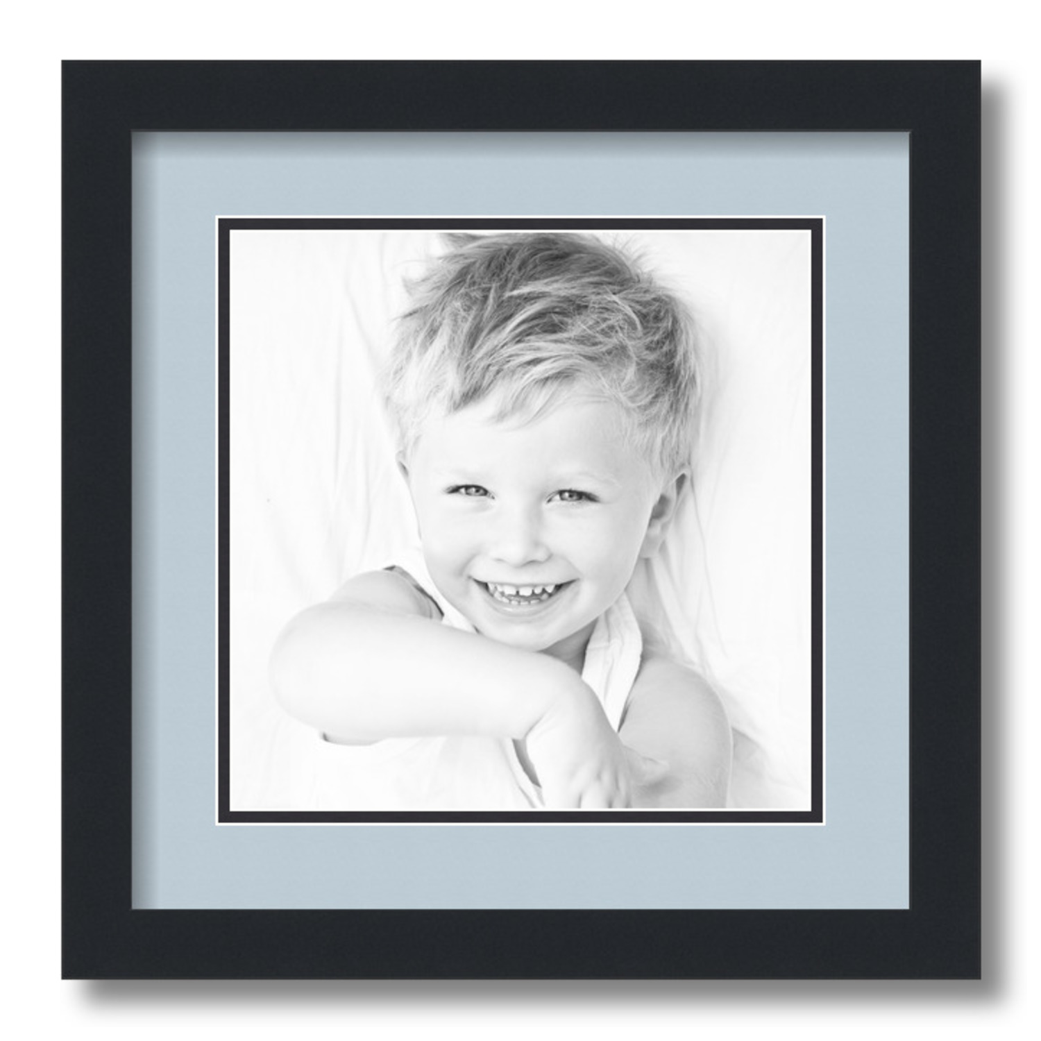 ArtToFrames 14x14 Matted Picture Frame with 10x10 Inch Double Mat Opening Framed in 1.25 Satin Black and 2 Baby Blue and Black Mats