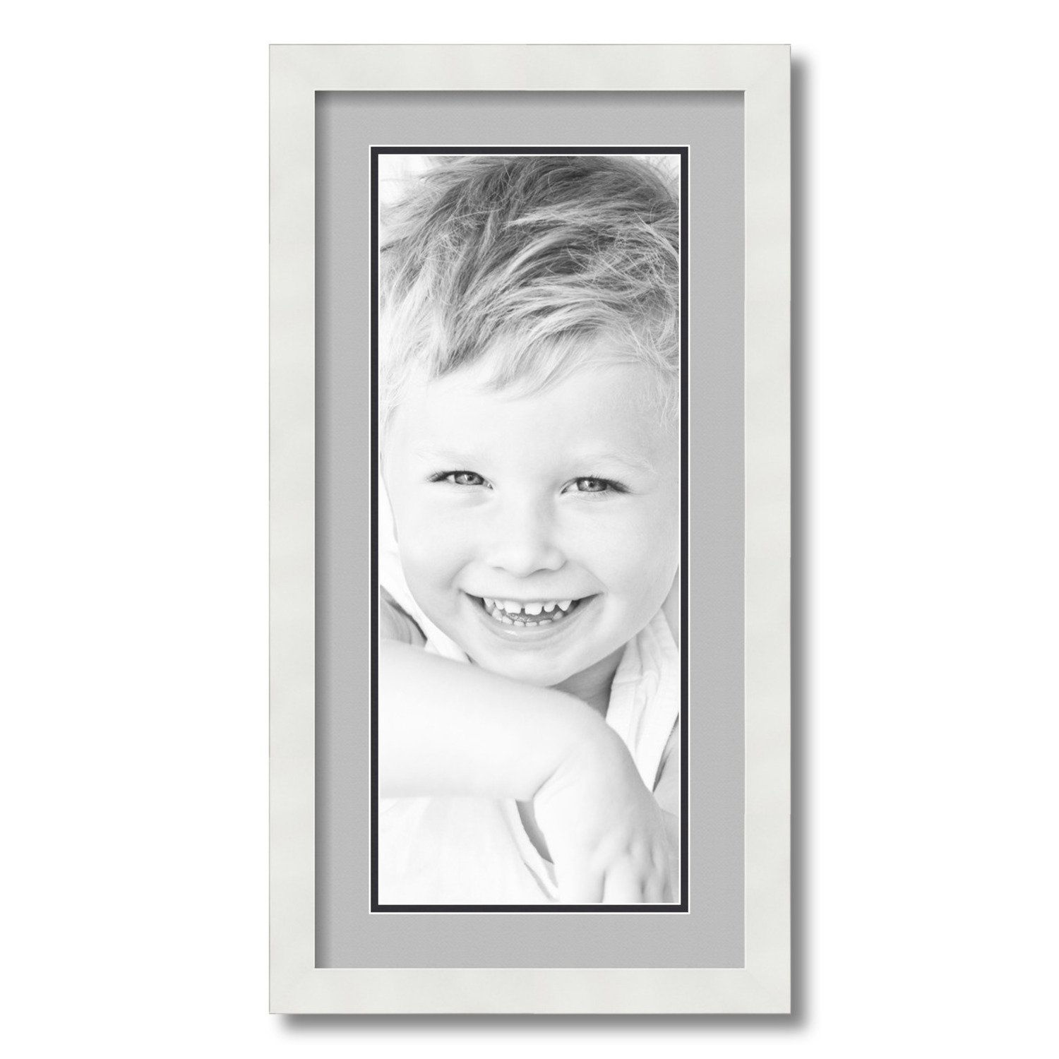 ArtToFrames 12x24 Matted Picture Frame with 8x20 Inch Double Mat Opening Framed in 1.25 Satin White Frame and 2 TV Grey and Black Mats. by