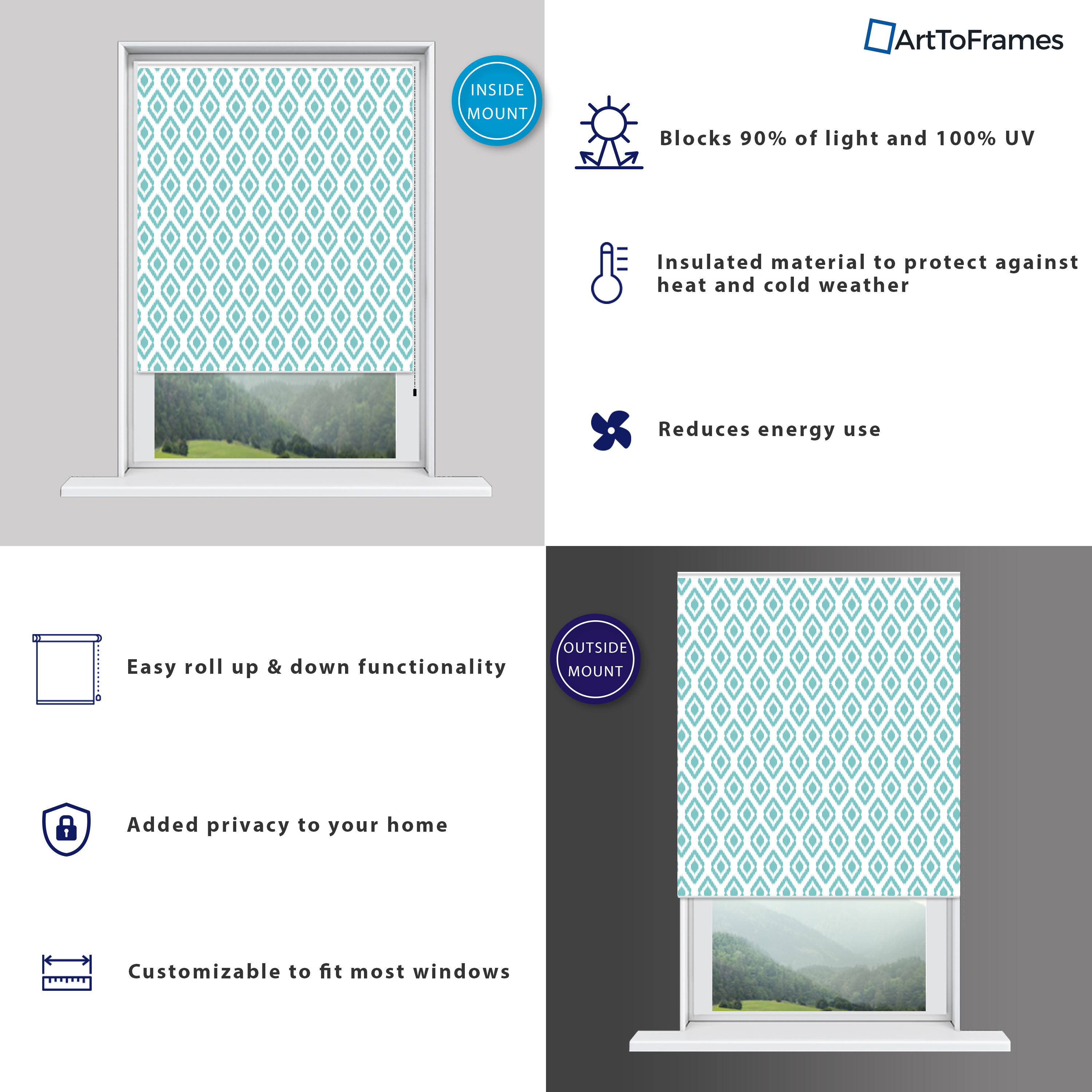 ArtToFrames Custom Window Shade - Blackout Ikat Light Blue Design Reversed Roll - Picture 38 of 888